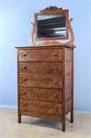 Oak Chest with Five Pressed Carved Drawers