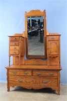 Oak Double Nightstand Dresser w/ Beveled Mirror