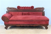 Antique Fainting Couch with Wine Upholstery