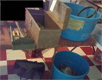 Old metal toolbox + 2 heavy blue tubs + contents