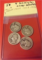 4 old 1930s Washington silver quarters