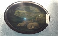 very old oval convex bubble glass picture sheep