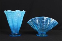 Two Fenton Blue Hobnail Vases 8 5/8" & 6 3/4" High