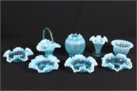 8 Pcs. Fenton Blue Hobnail Vases, Basket, Bowl Etc