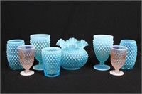 8 Pcs. Fenton Blue & Pink Opalescent Hobnail Glass