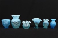 Six Pcs. Fenton Blue Opalescent Hobnail Glass