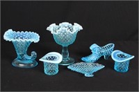 Six Pcs. Fenton Blue Opalescent Hobnail Glass