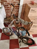 2 old vintage bicycles and 1 razor scooter