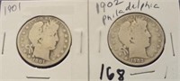 2 Barber silver half dollars 1901 1902
