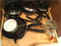 assorted pots pans sifter entire shelf