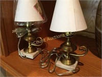 pair brass small table lamps 13" high w shades