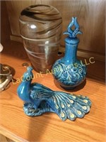 3 decorator pieces ceramic peacock glass vase