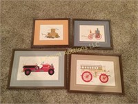 4 cross stitch of vintage fire trucks framed