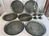 Libbey vintage smoke glass swirl plates stems