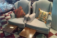 2 blue wingback chairs + 2 mid century end tables