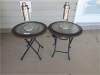 PAIR OF OUTDOOR SIDE TABLES, TIKI TORCHES
