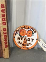 Harrison's Heart Orange porcelain enamel sign, 6"