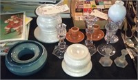 10 glass / pottery candleholders + 1 oil lamp