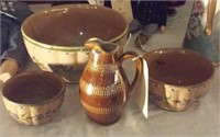 4 pcs old primitive pottery 3 bowls & pitcher