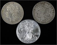 Morgan silver dollars (2) + 2019 Silver Eagle