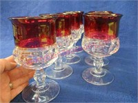 7 cranberry & clear goblets - 6in tall