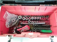 Stanley tool box with assortment of sockets