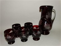 Red Cut-to-Clear Pitcher & 5 Goblets