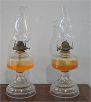 Pair Antique Early Pressed Glass Oil Lamps