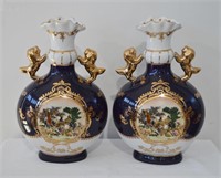 Pair Limoges Cobalt White & Gold Vases 14"