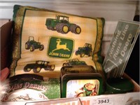 John Deere items--pillow, mug, tins, etc