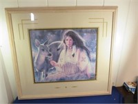 Large Framed & Matted Print of Native Girl & Doe