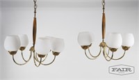 Pair of Brass Wood and Glass Chandeliers