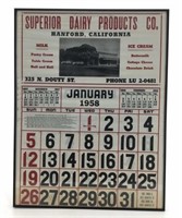 Framed Superior Dairy Calendar Page 1958 -Large