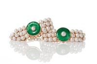 TWO CHINESE JADEITE & PEARL BRACELETS