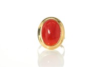 CHINESE AKA RED CORAL CABOCHON RING
