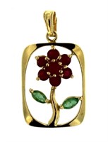 14kt Gold Natural Ruby & Emerald Rose Pendant