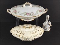 Porcelain Covered Dishes & Bell