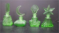 4 GREEN GLASS PERFUME BOTTLES