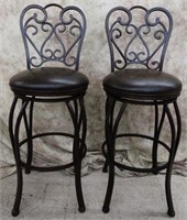 PAIR BAR HEIGHT METAL SWIVEL STOOLS WITH LEATHER