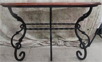 WOOD TOP HALL TABLE WITH WROUGHT IRON BASE