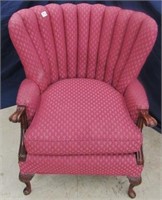 VINTAGE WING BACK CHAIR WITH CARVED WOOD ACCENTS