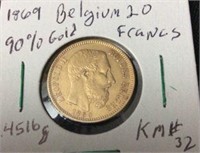 1869 Belgium 20 Franc 90% Gold Coin