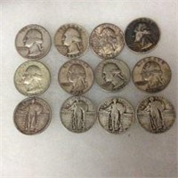 12 Silver Quarters- Washington & Standing Liberty