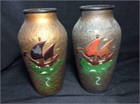 Goofus Glass, oil on glass, Ship Vases- 2 total