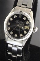 Ladies Oyster Date Black Diamond Dial Rolex Watch