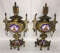 Pair Of Bronze & Hand Painted Porcelain Urns