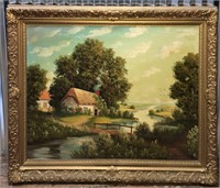 Oil On Canvas Landscape With Cottage