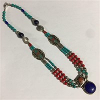 Turquoise, Lapis, Misc. Beaded Pendant Necklace