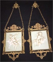 Pair Of Porcelain High Relief & Brass Plaques