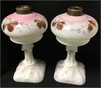 Pair Of Hand Painted Glass Oil Lamps